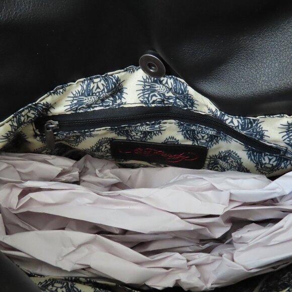 Ed Hardy Black Red Graphic Large Satchel Tote logo skull stud eagle - Picture 6 of 9